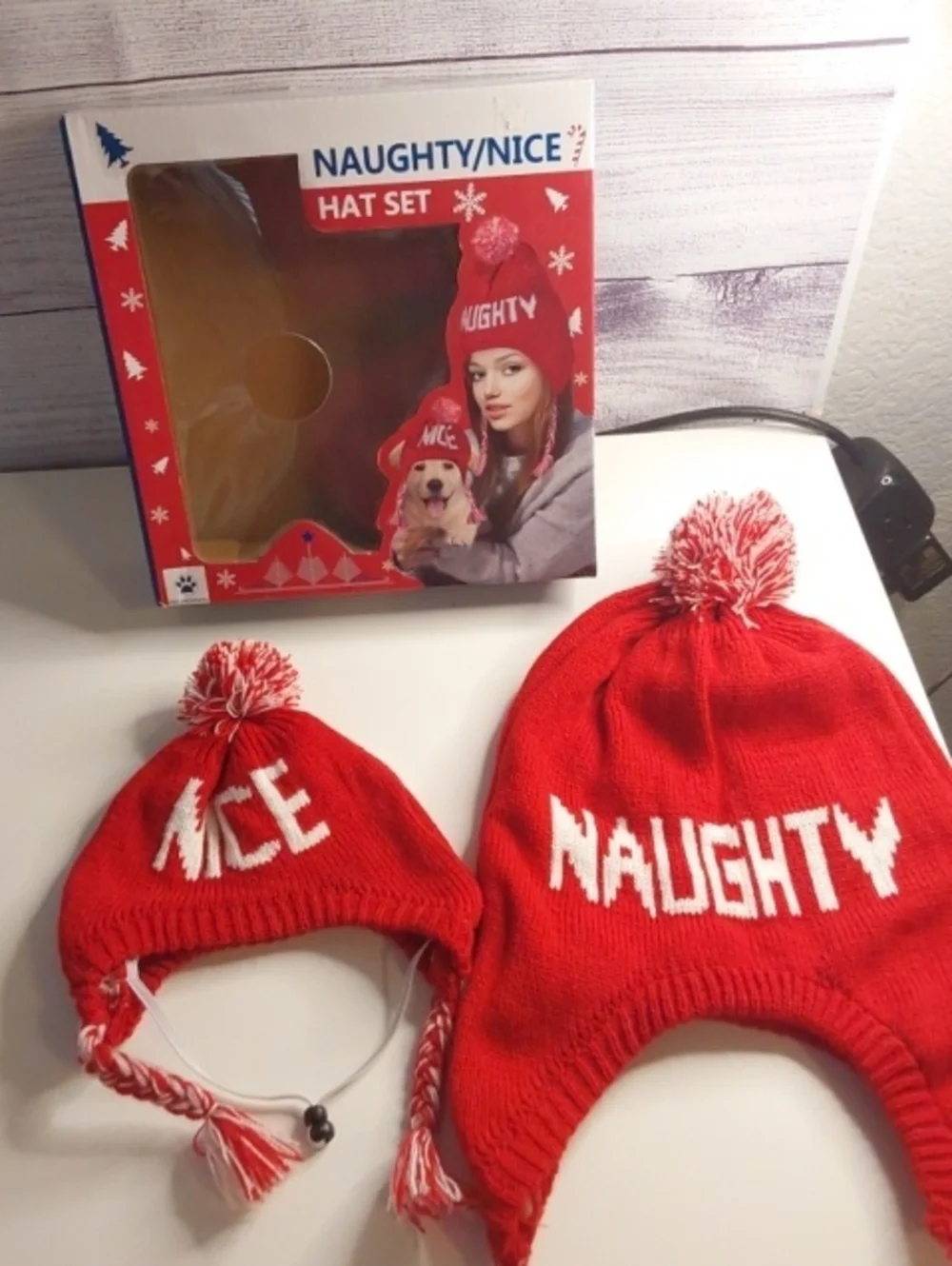 Naughty/Nice Red Adult And Pet Hat Set - Holiday Beanie Duo